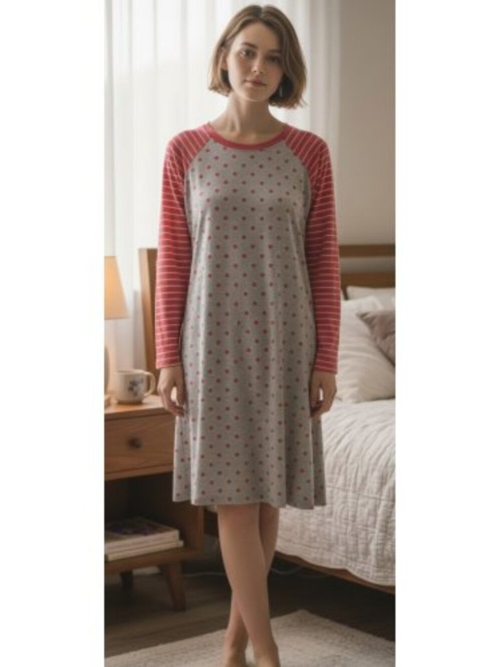 Red and Gray Polka Dots and Stripes Long Sleeved Nightgown Girls LARGE 14